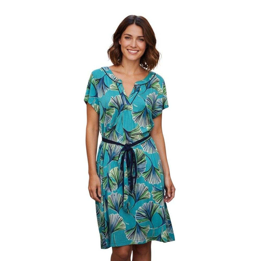 Lilly Pulitzer Shirt Dress Womens Large Blue Green Floral Silk Cotton Tie Waist